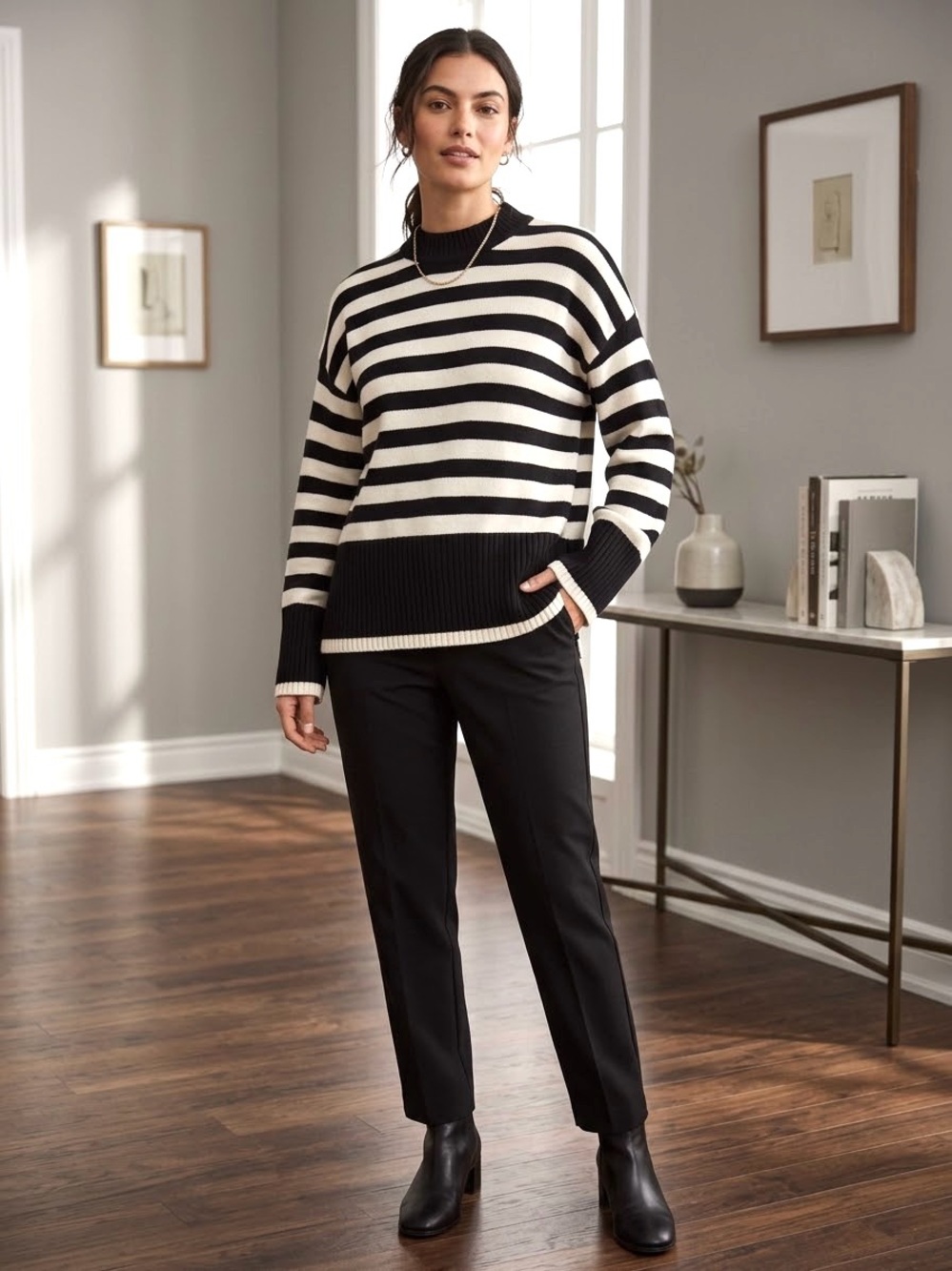 Zara Black & White Striped Knit Mock Neck Sweater - Relaxed Fit